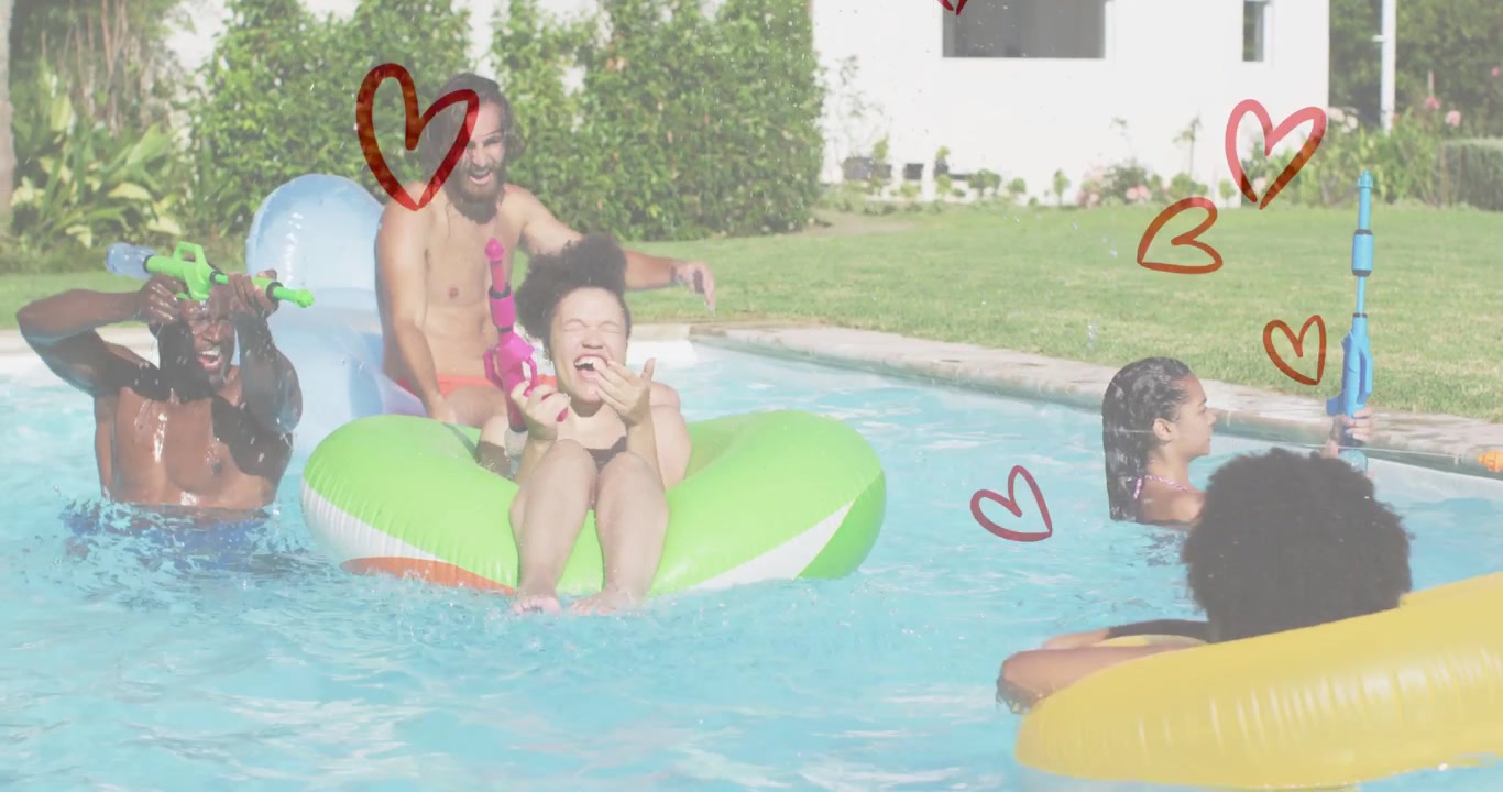 Water hitting float starting friends splashing, pushing float, laughing, hearts growing for fun