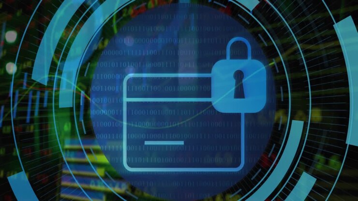Animation of card with digital padlock over data processing