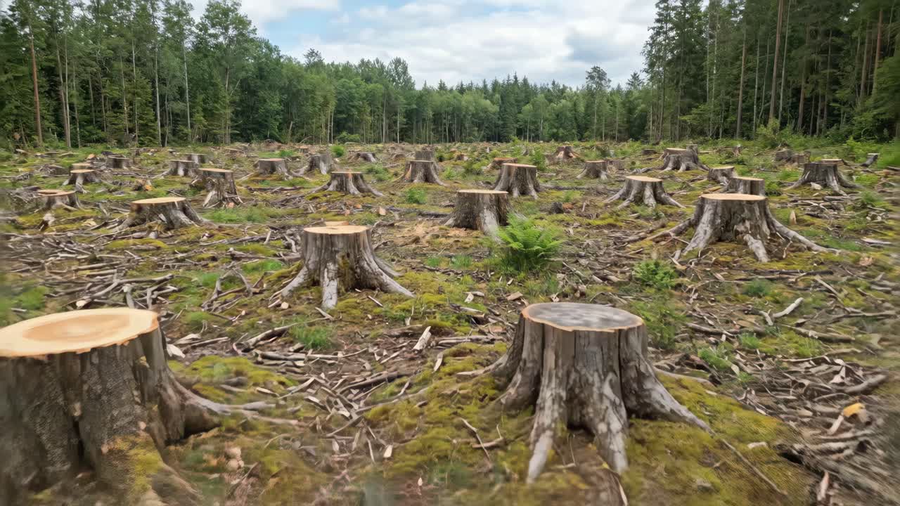 Wide View of a Deforested Area with Many Tree Stumps