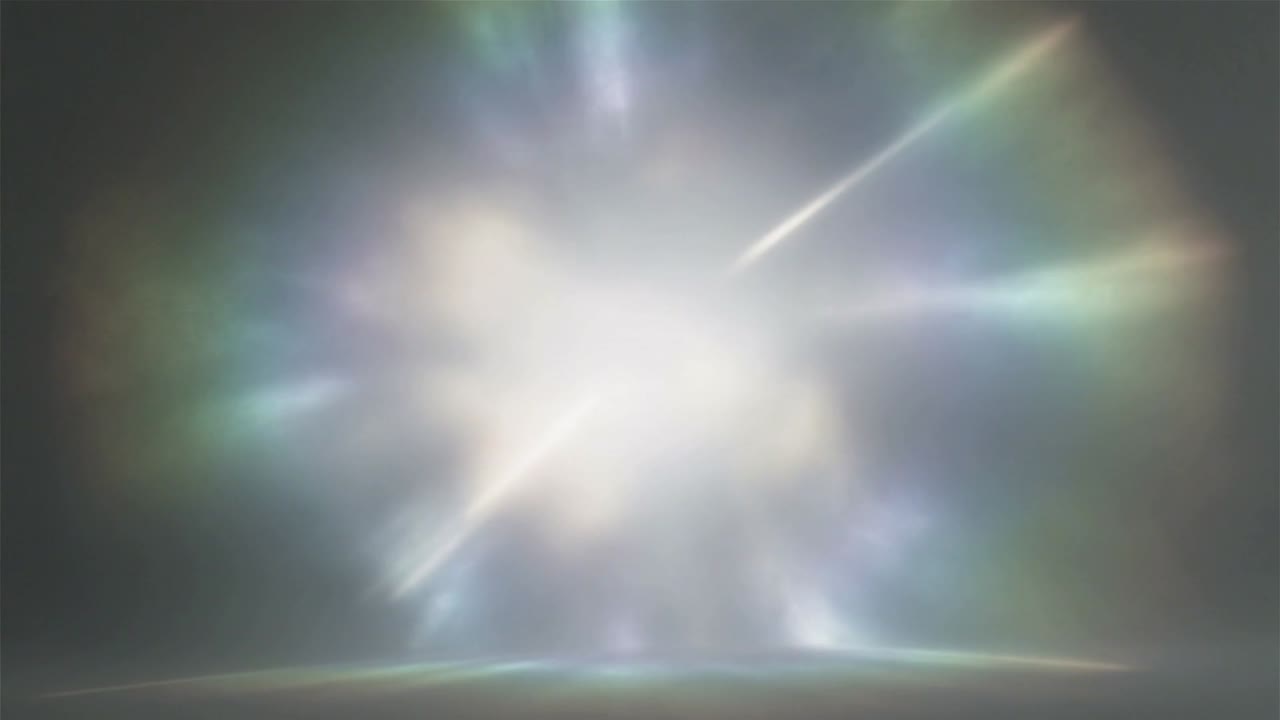 Pulsing central luminous bloom responding to streak from right over faint horizon, halos shifting