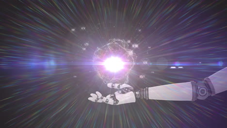animación de los datos de procesamiento de la red sobre la mano del brazo del robot, con luz prismática en fondo oscuro