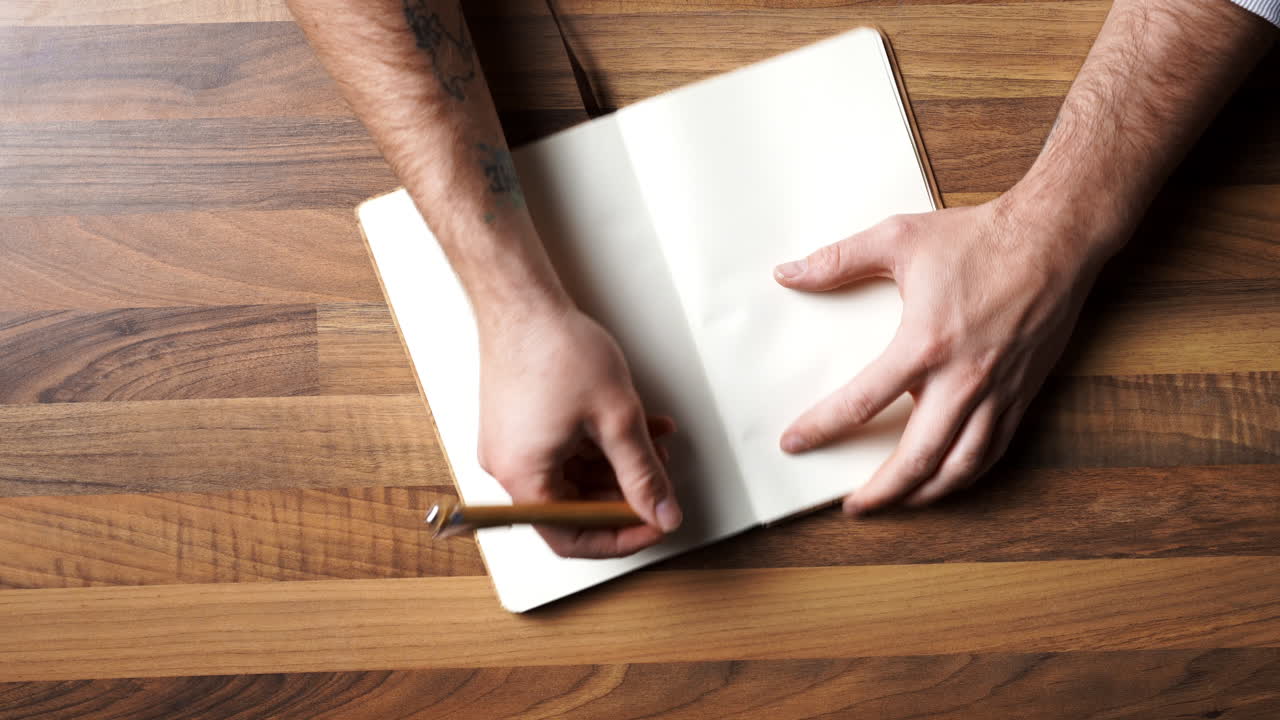 Paper notebook falling on fancy Wooden desktop, male hands writing fast new idea and opportunity goals filling blank paper pages with ink pen