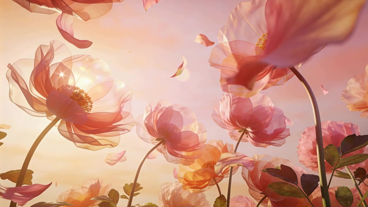 Un grappolo ondeggiante di alti fiori rosa traslucidi che lasciano cadere i petali con la brezza in un prato, con un bagliore solare.