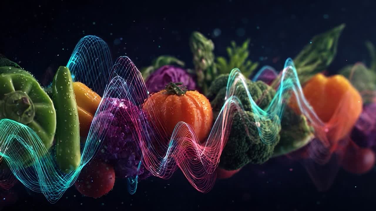 Vibrant vegetables with sound waves create vivid culinary art