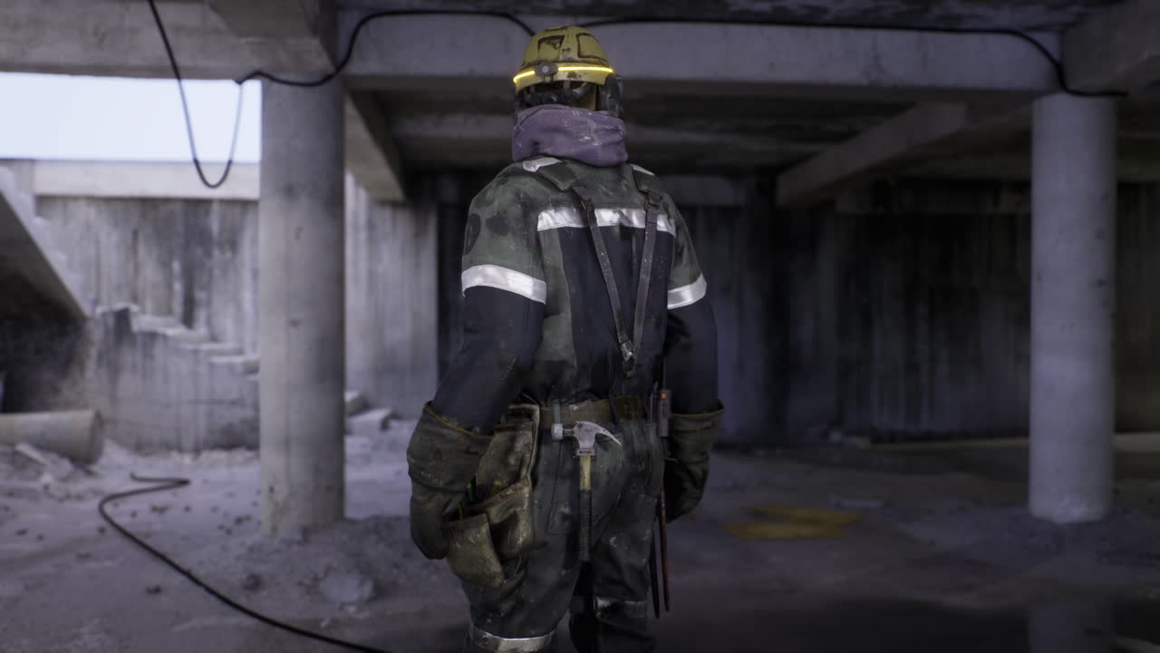 Emergency responder maneuvers through rubble and dangling wires care filled