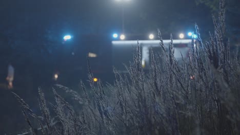 fire truck with blinking emergency lights seen through grass at night