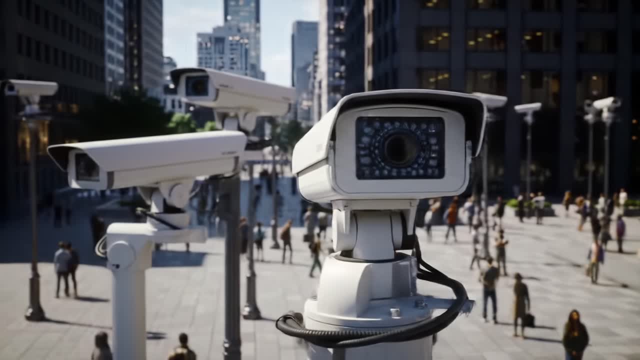 A Comprehensive View of Urban Surveillance Cameras Monitoring Public Spaces, Showcasing Security Technology in Action Amidst a Crowded Cityscape