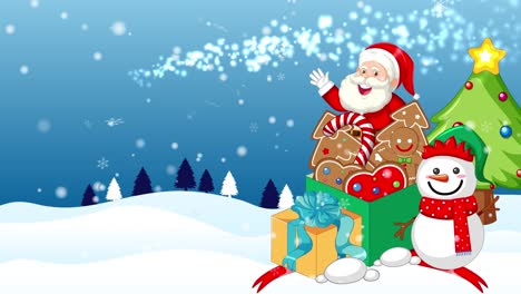 santa claus y el hombre de nieve animados por un árbol de navidad.
