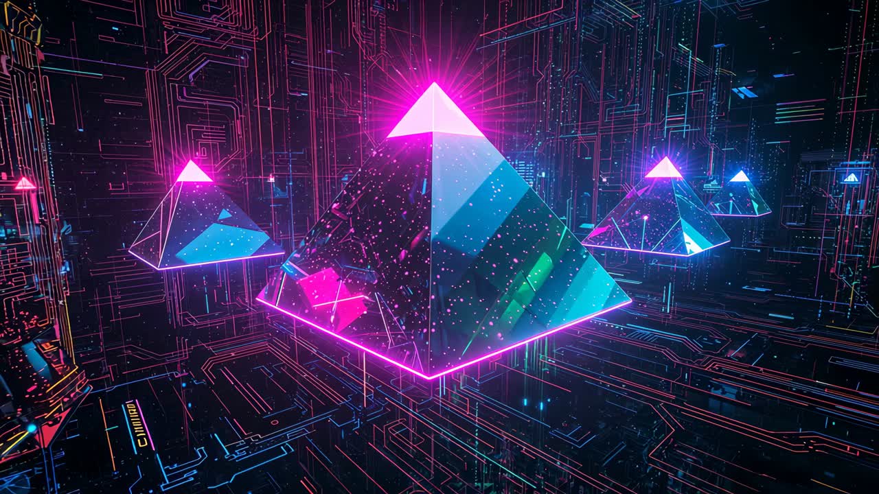 Pulsing center neon pyramid rising apex as camera moving forward in cyber core lighting circuitry