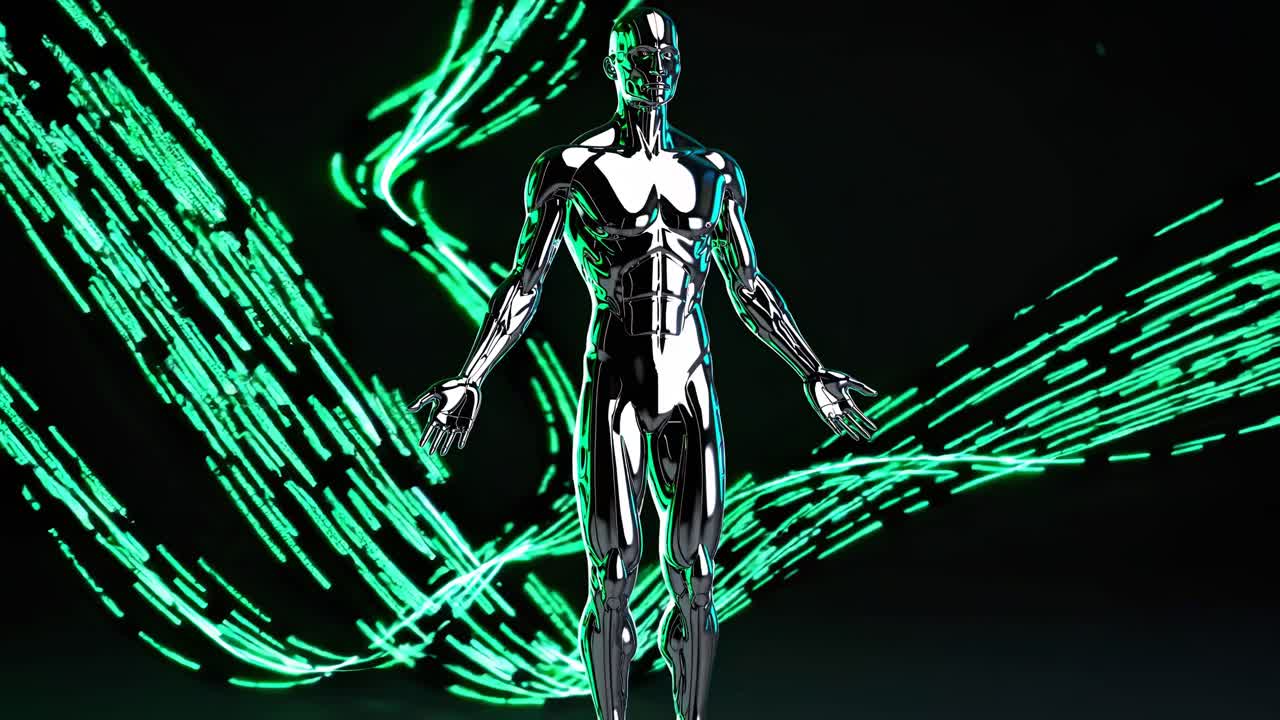 Metallic Humanoid Figure with Green Light Trails