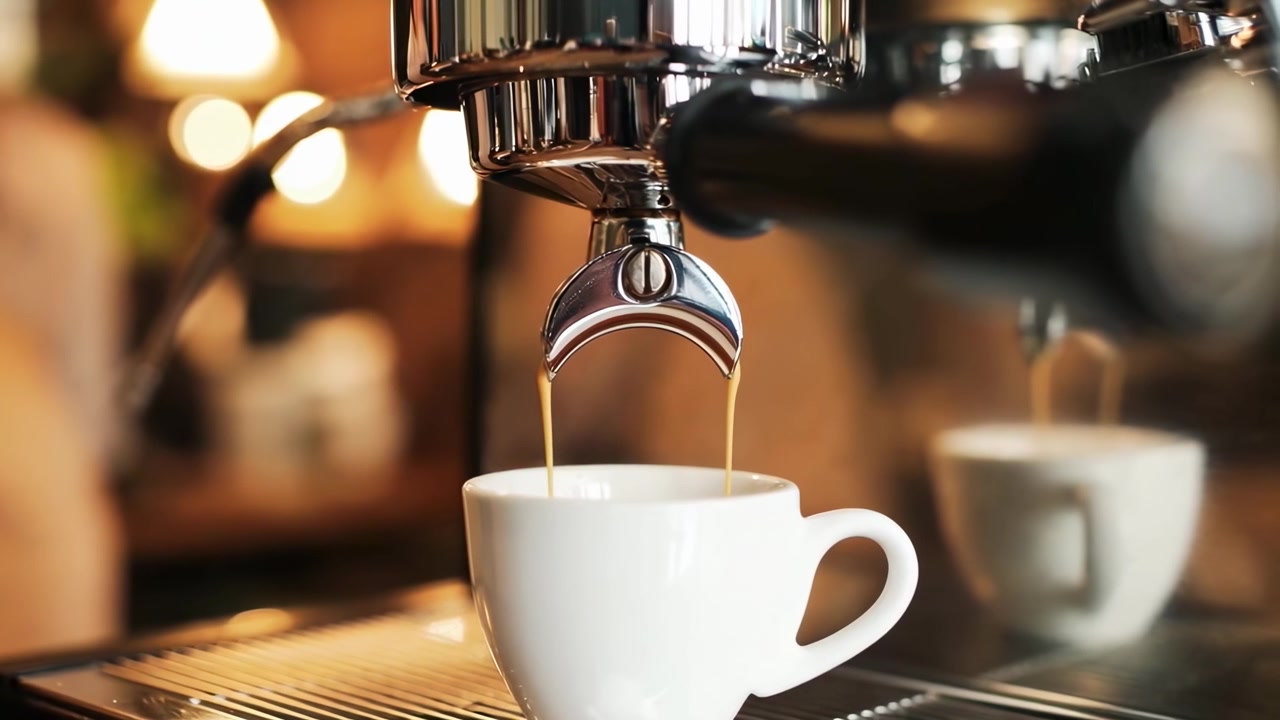 Espresso versato in una tazza bianca da una macchina da caffè professionale