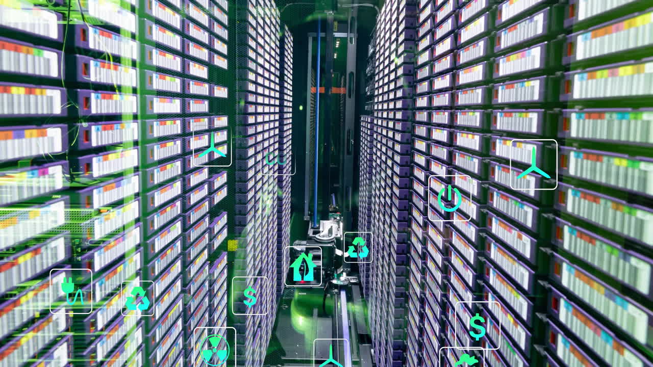 Animation of eco icons and data processing over computer servers