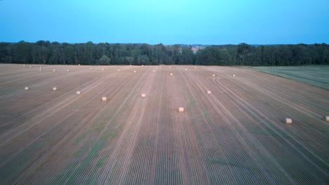 Flying-Above-the-Field-With-Hay-Rolls-Sunrise