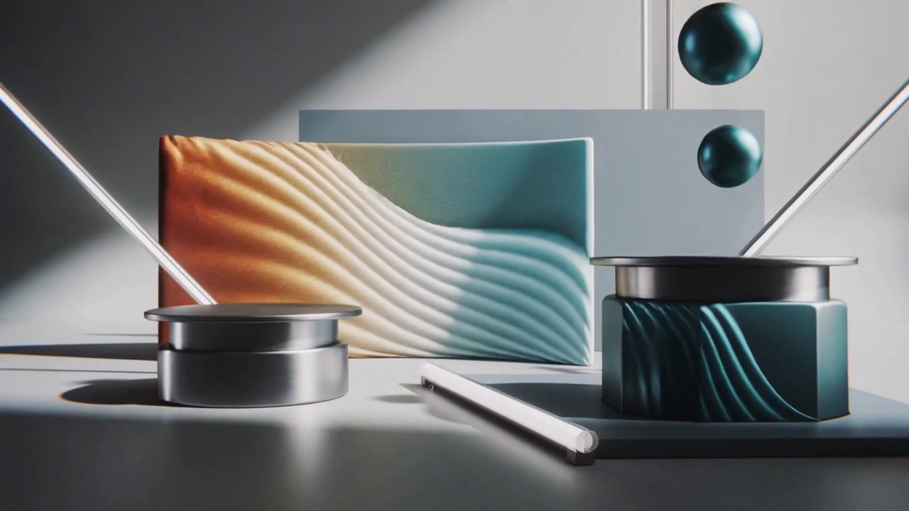 Segnale luminoso che avvia supporti metallici con sfere rosse, verde acqua e oro che si muovono in studio, riflettendo increspature.