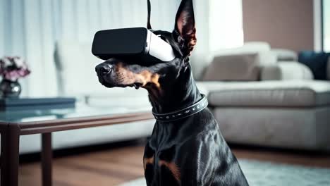 un perro con un auricular de realidad virtual sentado en una alfombra en una sala de estar