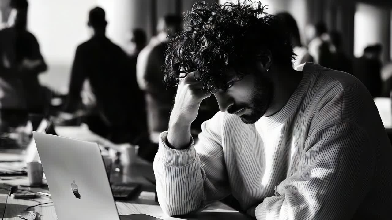 A pensive individual sits at a laptop in a bustling environment, lost in thought while working. The atmosphere reflects the weight of responsibilities and creativity blending together