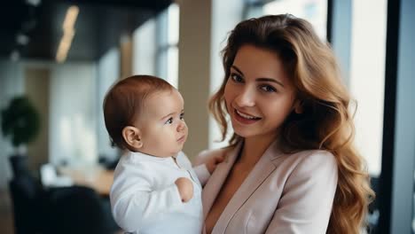 happy businesswoman holding her baby in arms, looking at him with love and smiling, enjoying motherhood and career together in modern office