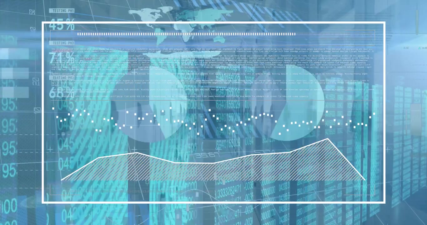 Animation of interface with data processing against empty computer server room