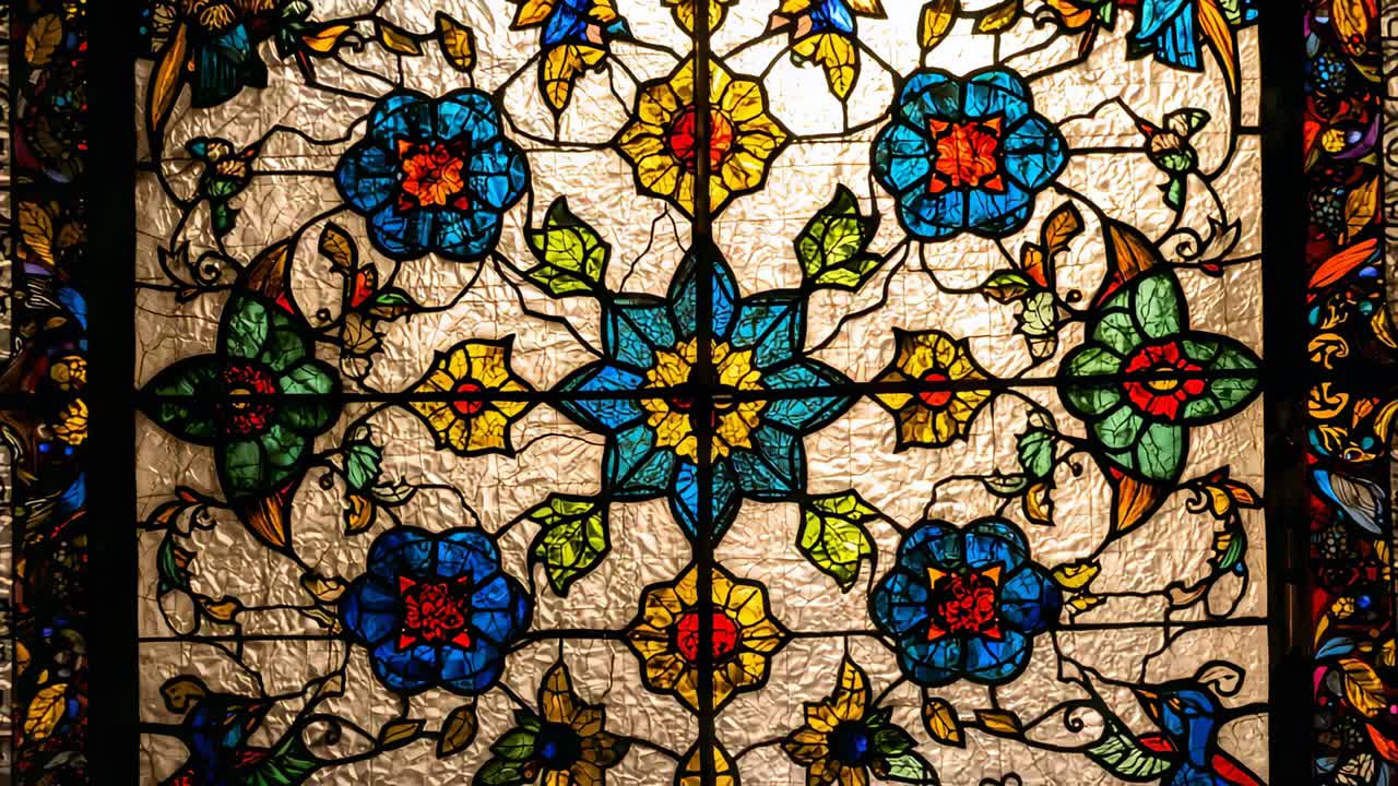 Panning camera downward across stained glass window in church, with metal leading, colored borders