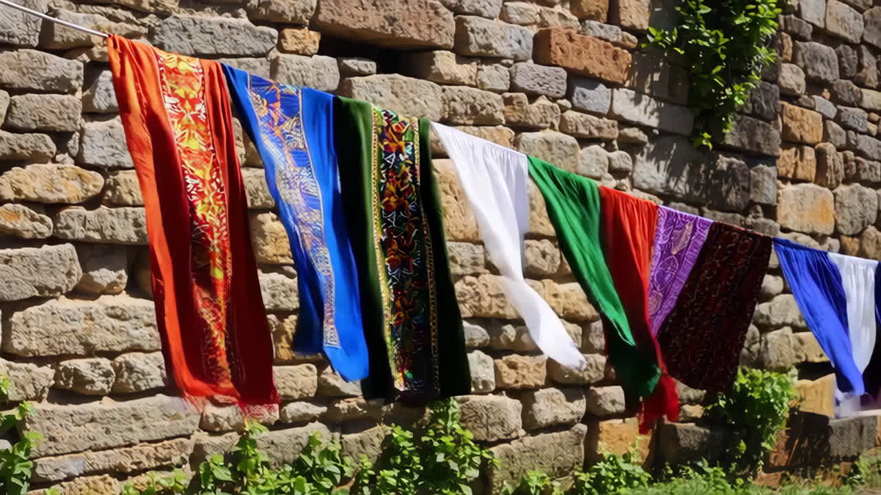 Colorful Clothes Drying on a Stone Wall