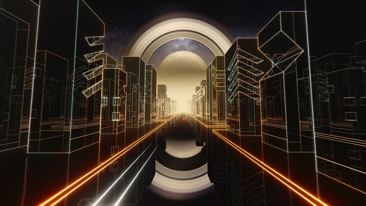 80년대 레트로 웨이브 나이트 시티 신스 웨이브 vj: 네온 조명, 토성, 별, 80년대 스타일 그리드, 태양, 별, 오래된 tv 스크린 애니메이션 배경, 80년대 레이더, 80년대 스카이라인과 함께 토성을 향해 운전, 80년대 sf.