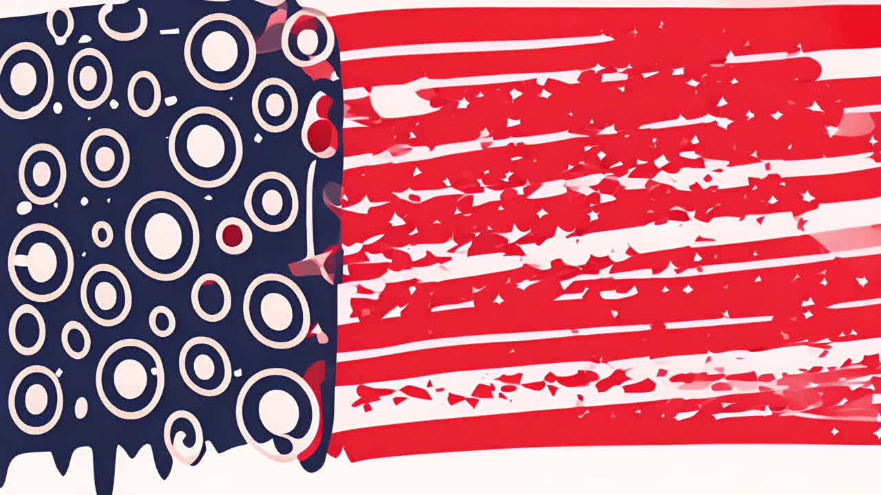 Abstract American flag animation with circles and stars over red and white stripes, copy space, loop