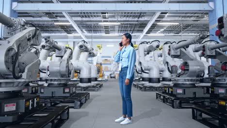 mujer hablando por teléfono en una fábrica con robots industriales