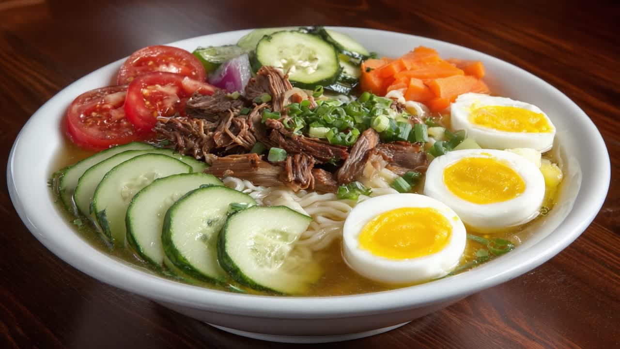 Delicious Bowl of Ramen with Tender Meat, Fresh Vegetables, and Soft Boiled Eggs, Perfectly Presented for a Satisfying Meal Experience