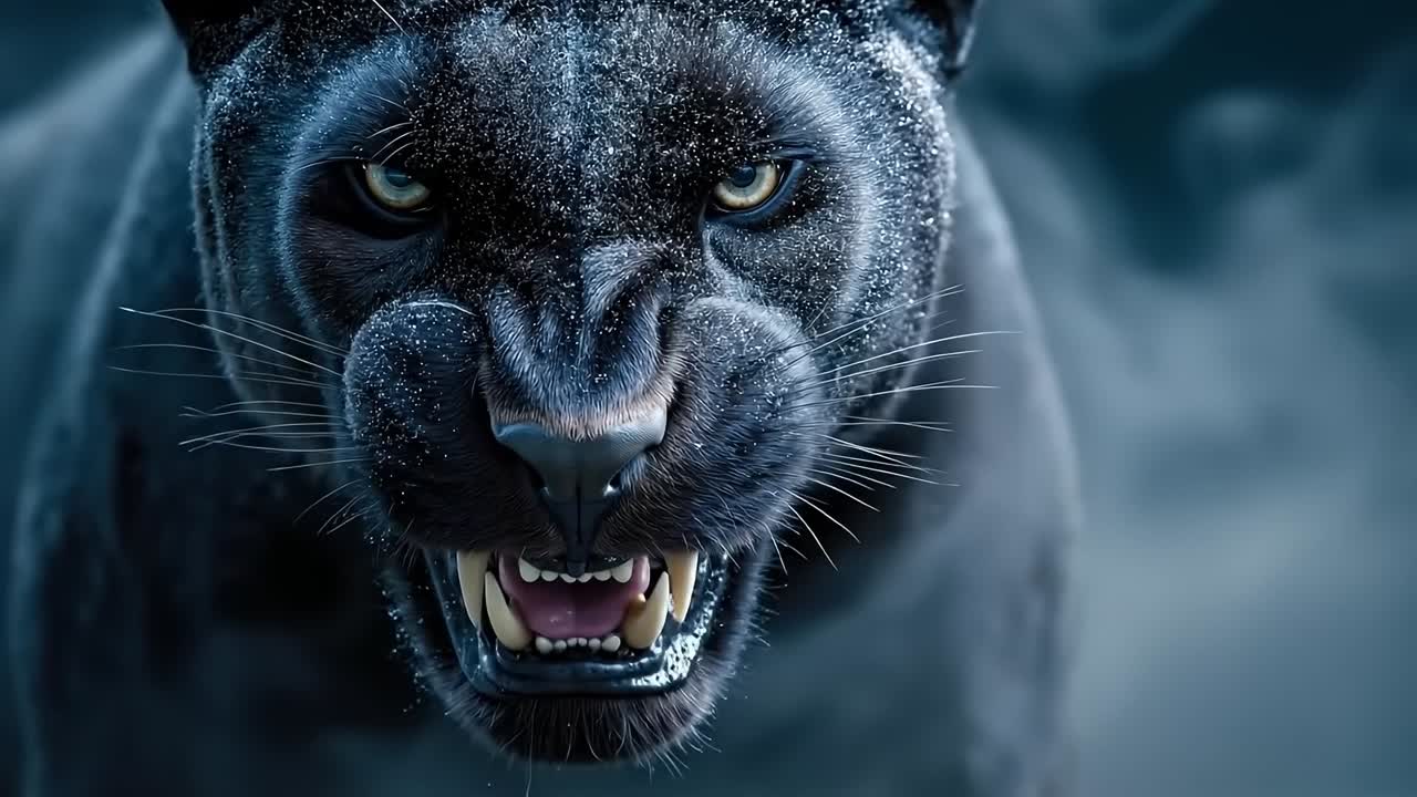 A close up of a black panther's face with its mouth open showing its teeth
