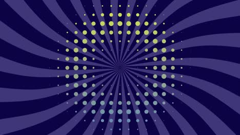 dots moving in hypnotic motion against spinning purple stripes