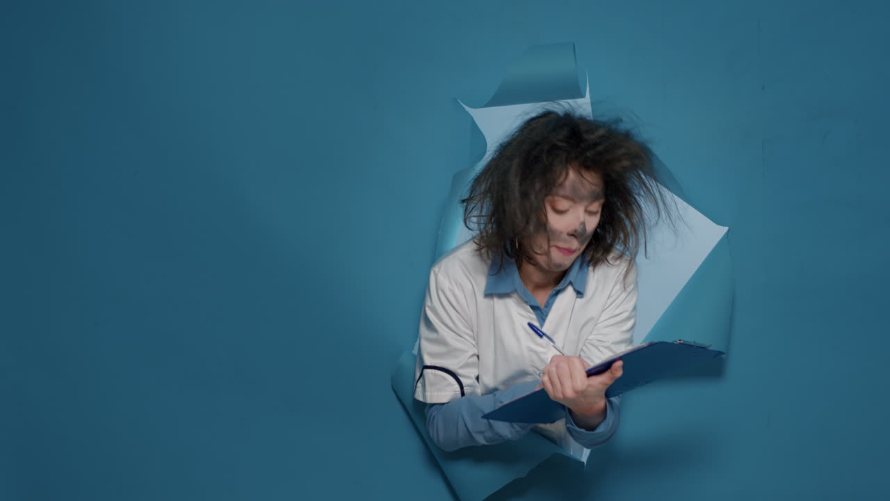 Mad goofy scientist taking notes on papers after dangerous explosion