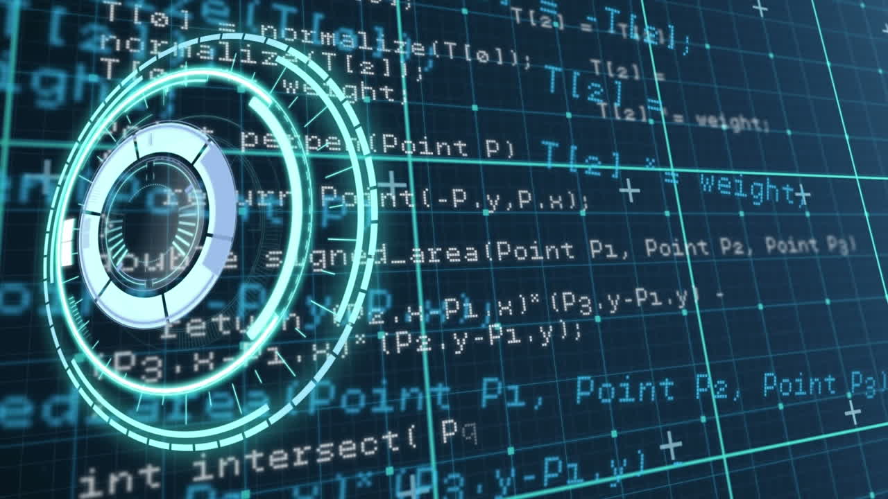 Animation of illuminated radar and computer programming language over blue background