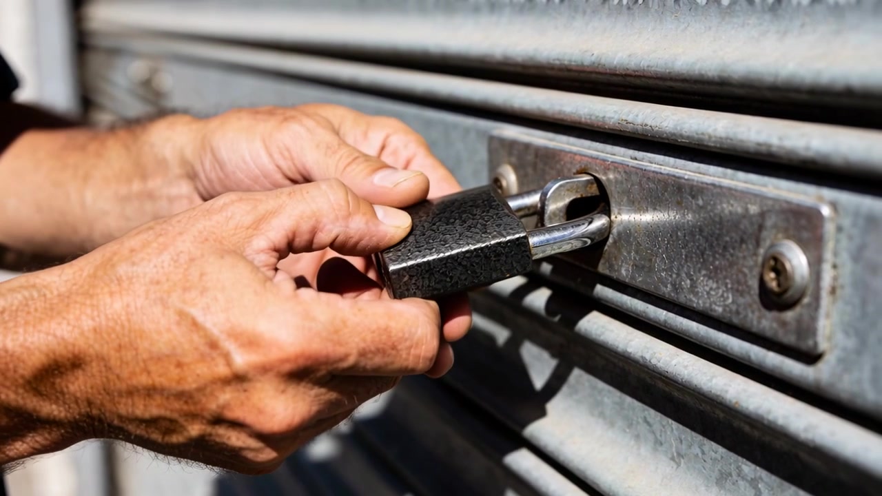 Mãos de homem adulto segurando cadeado perto do ferrolho, empurrando a haste na porta de enrolar corrugada para proteger o compartimento