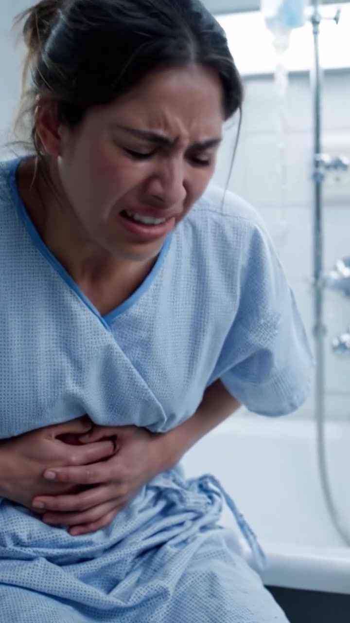 A Distressing Moment Captured: A Woman in a Hospital Gown Experiences Intense Discomfort and Pain While Sitting in a Restroom Setting, Evoking Empathy and Concern.