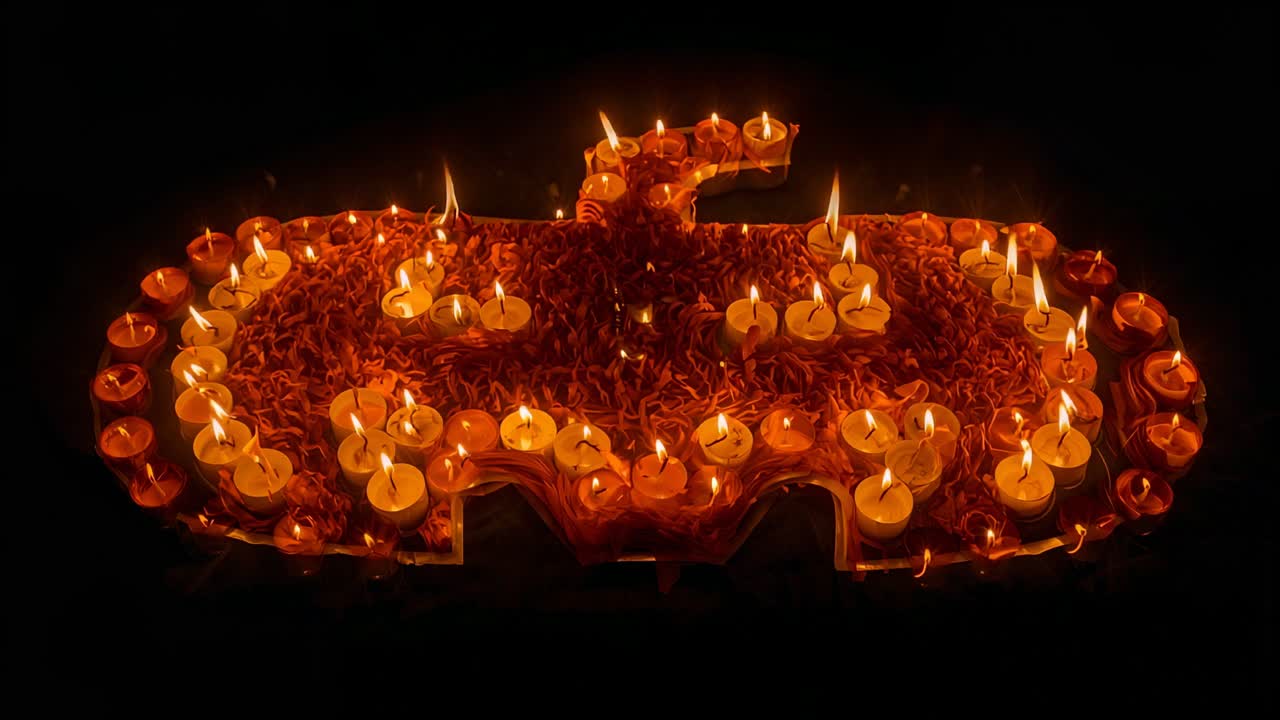 Burning candles forming bat symbol on black platform, flickering flames, wax drips, dried petals