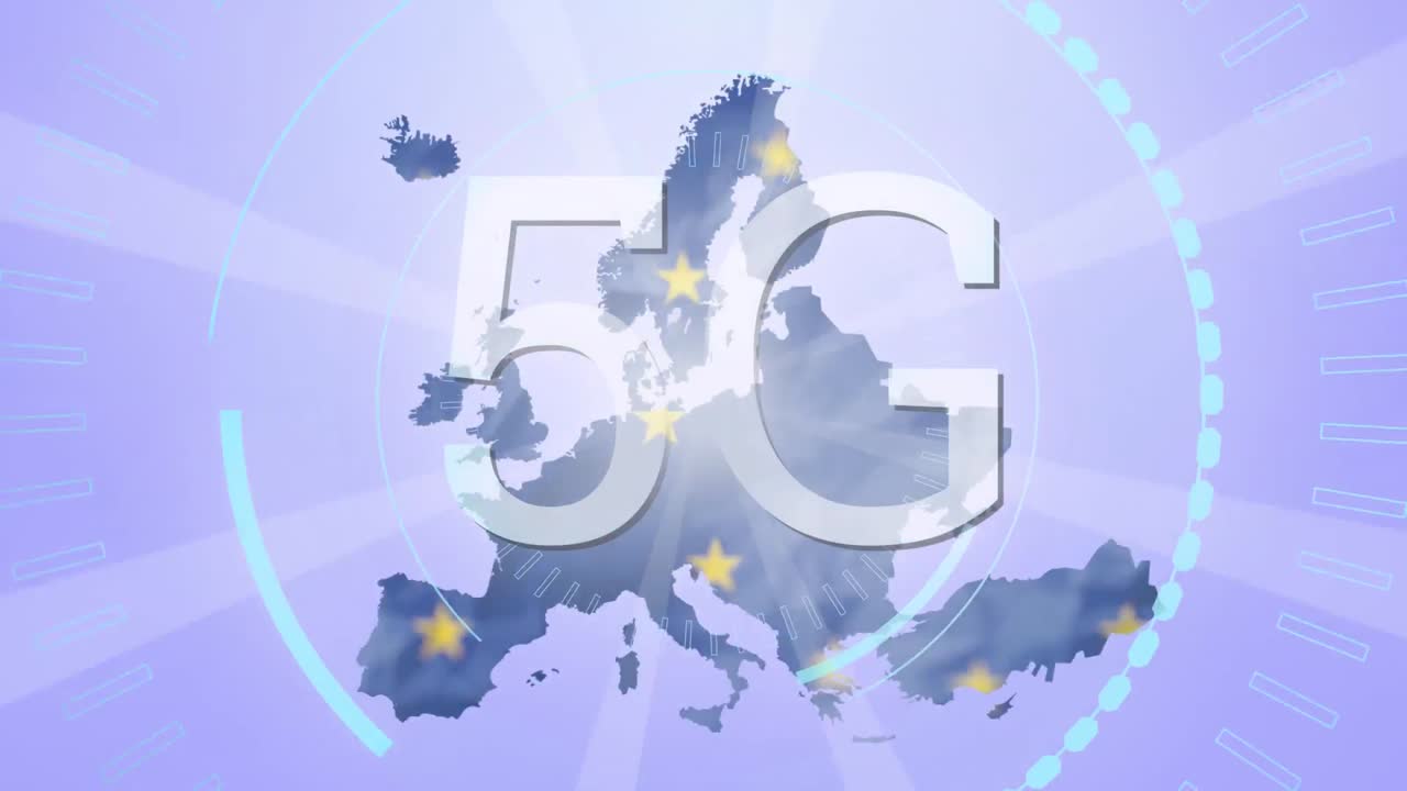 5g 텍스트는 eu  ⁇ 발을 배경으로 회전하는 원과 함께