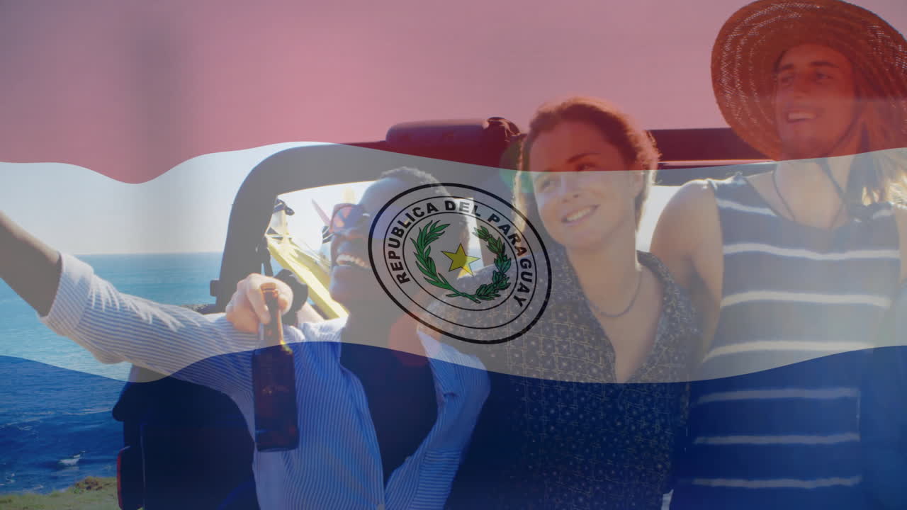 파라과이 국기 애니메이션과 함께 셀피를 찍고, 친구들이 함께 미소 짓고 포즈를 취합니다.