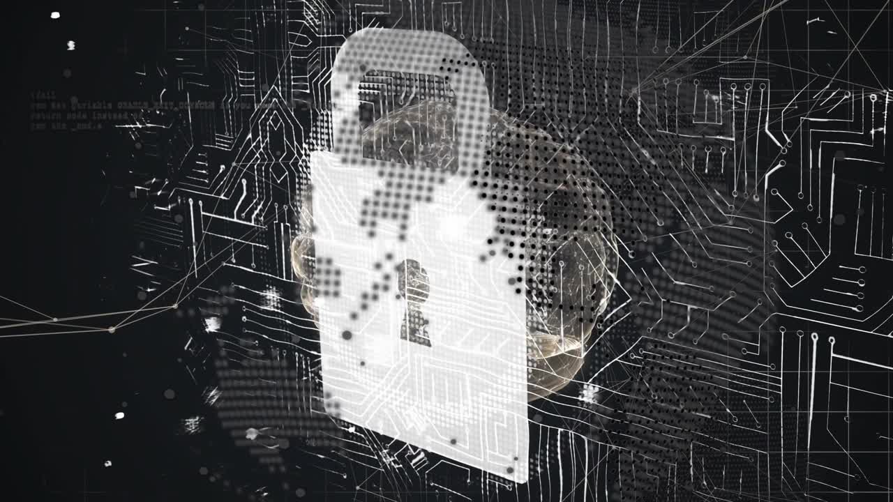 Animation af integreret kredsløb, hjerne og digital hængelås på sort baggrund
