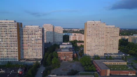 dramatic aerial top view flight prefabricated housing complex, panel system building berlin marzahn germany europe summer 23