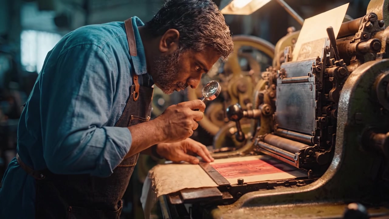 Ambachtsman bezig met traditioneel drukproces met behulp van vintage machines in werkplaats, waarbij vakkundig kunstenaarschap in papierproductie en boekdruktechnieken wordt getoond