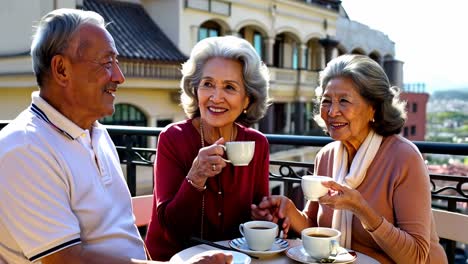 three older women are sitting at a table with cups of coffee, smiling