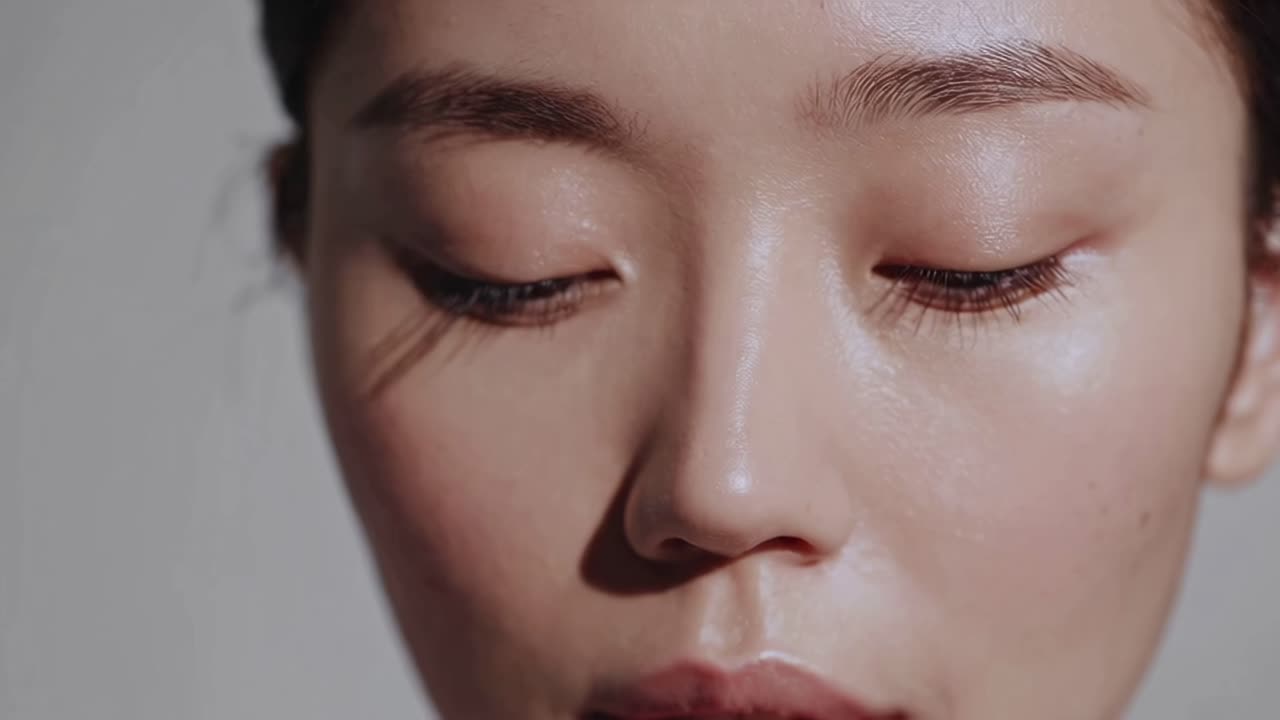 Close-up video shot of a serene face with closed eyes, highlighting natural beauty and smooth skin