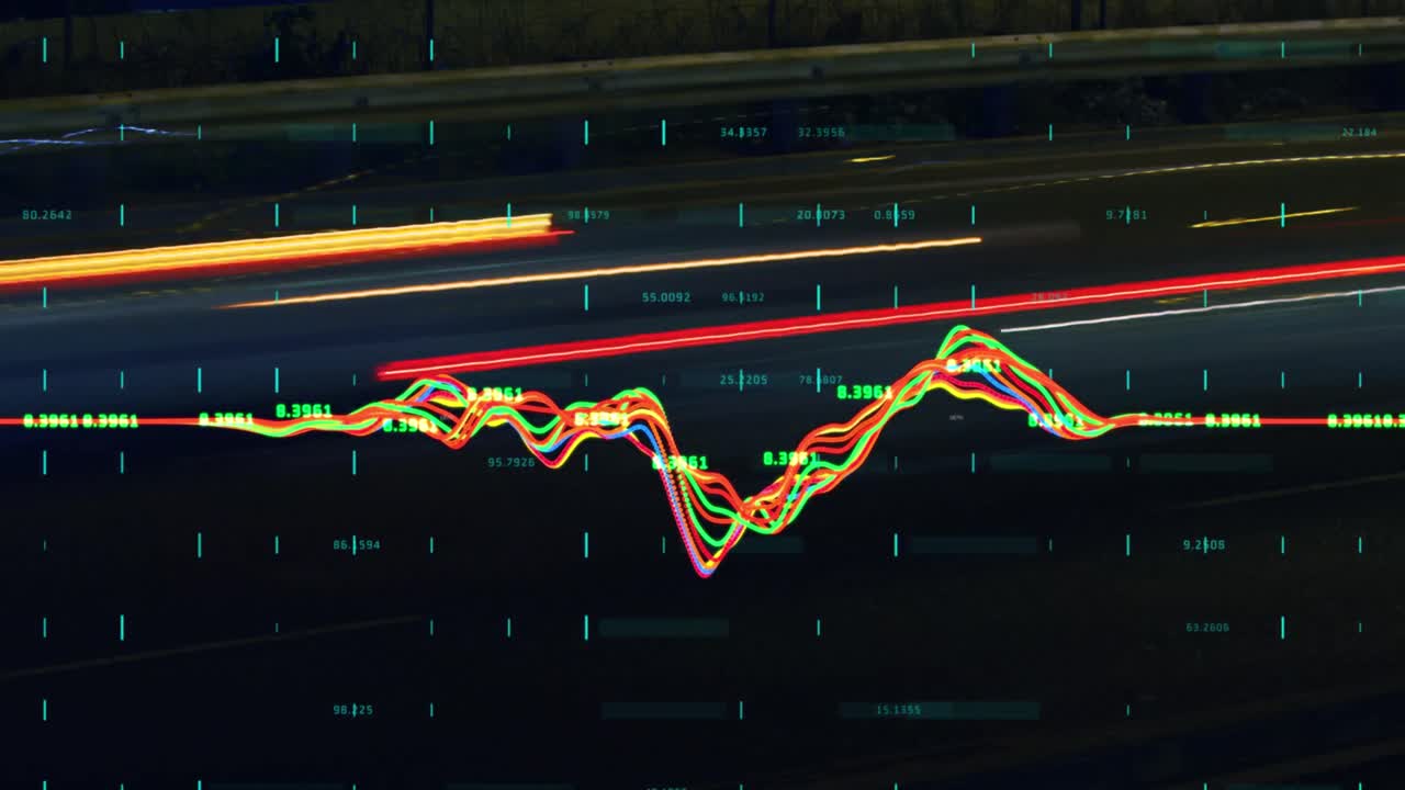Animation of lights, changing financial data and graphs on black background