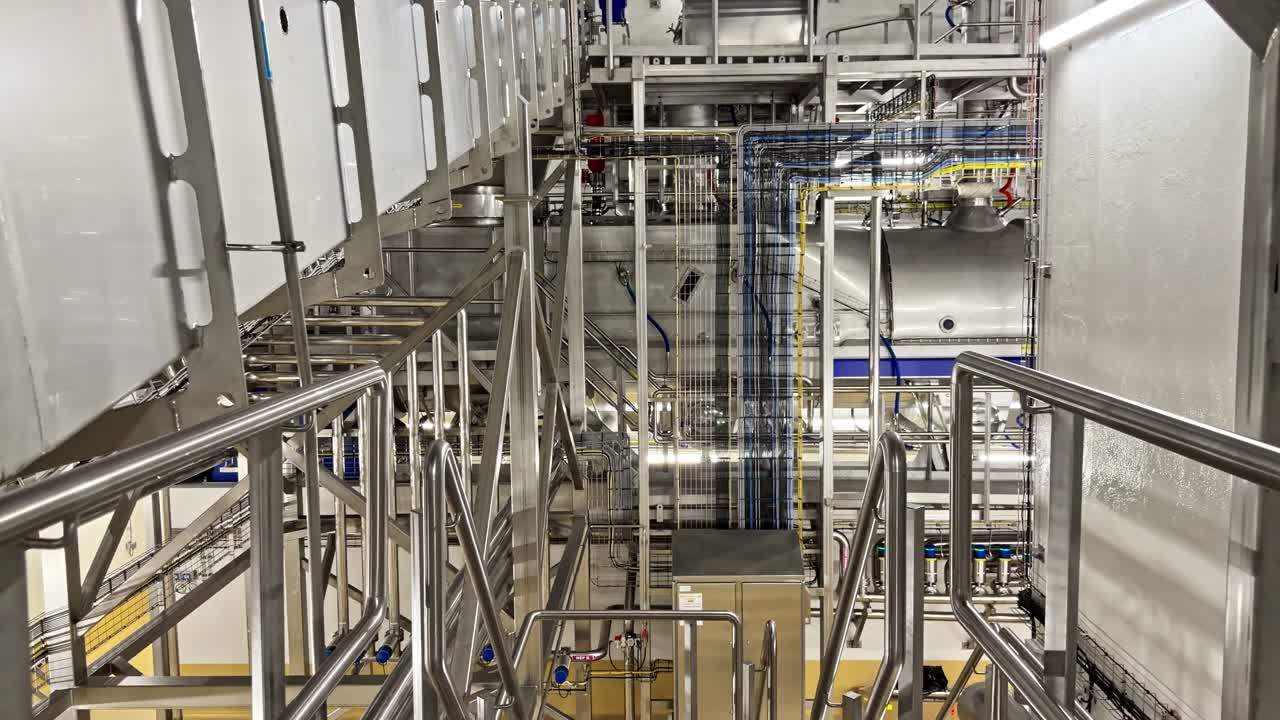 Stainless steel industrial facility interior with catwalk, railings, tanks, and utility lines. Clean modern processing plant infrastructure, no people, copy space