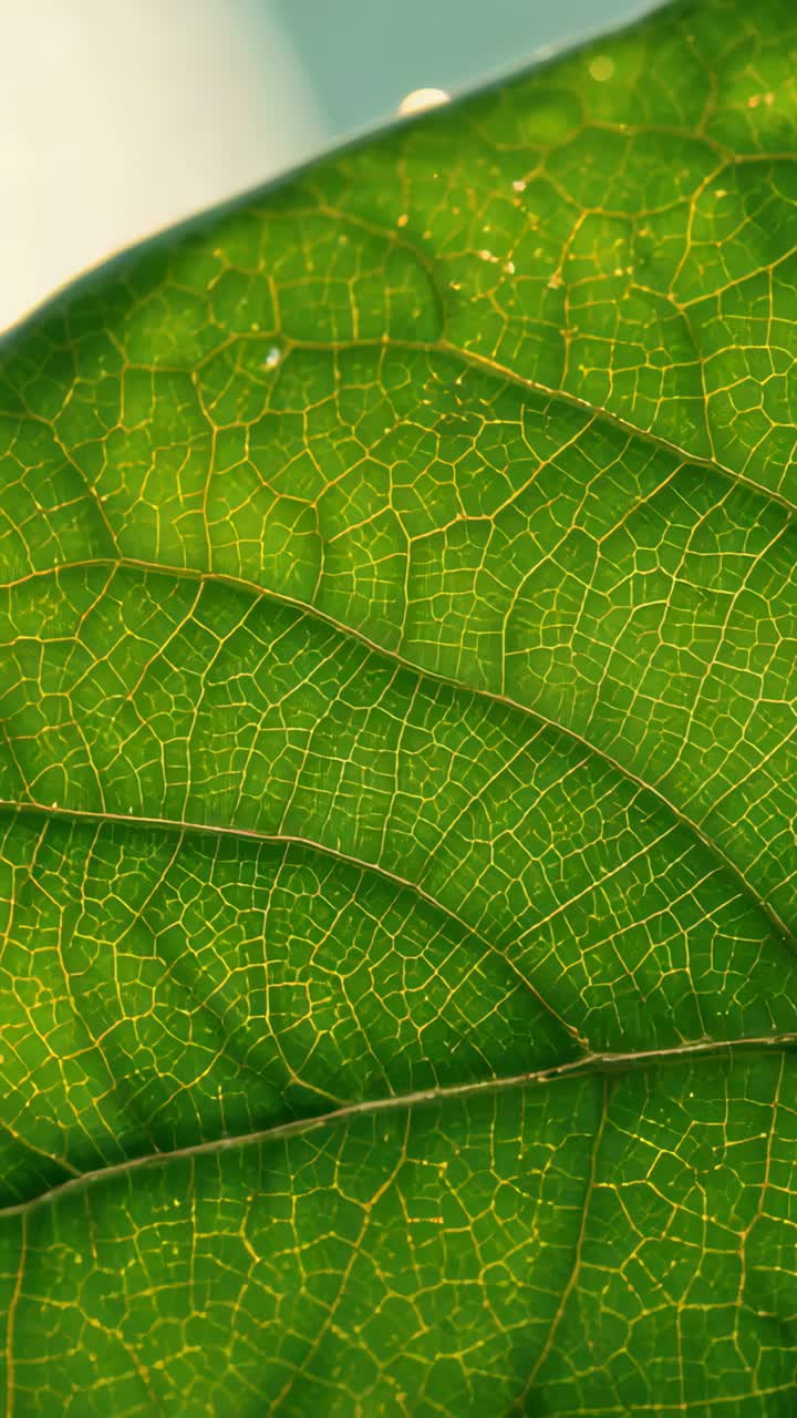 Vertical video: Shifting camera revealing green leaf in macro to show veins, droplet and midrib