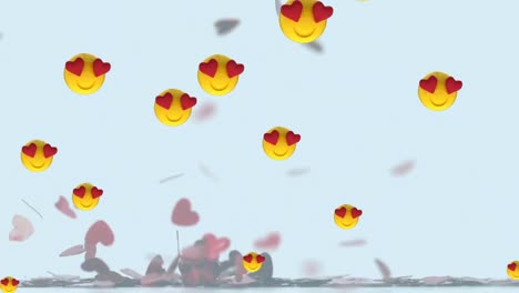 Mehrere-Herzaugen-Stehen-Vor-Emojis,-Die-über-Mehreren-Herzen-Schweben,-Die-Vor-Weißem-Hintergrund-Fallen