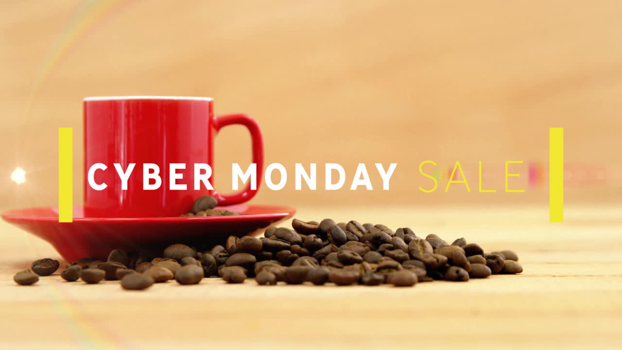 Red coffee cup showing sale text on wooden tabletop, with scattered coffee beans in 3D render