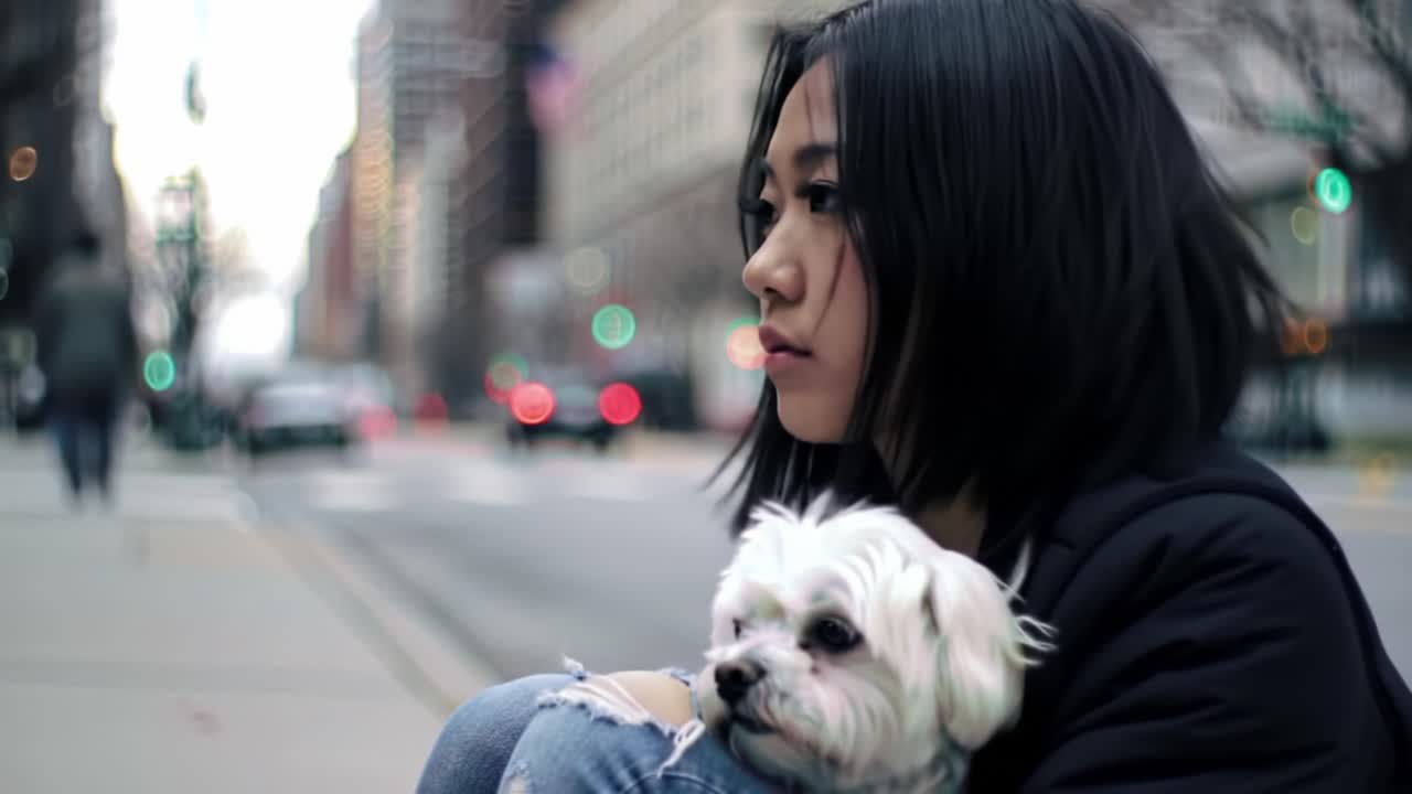 A contemplative moment captured in the city street as a girl holds her small dog close, reflecting on life amidst the busy urban landscape.
