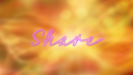animation of neon purple share text banner against spots of light on orange background