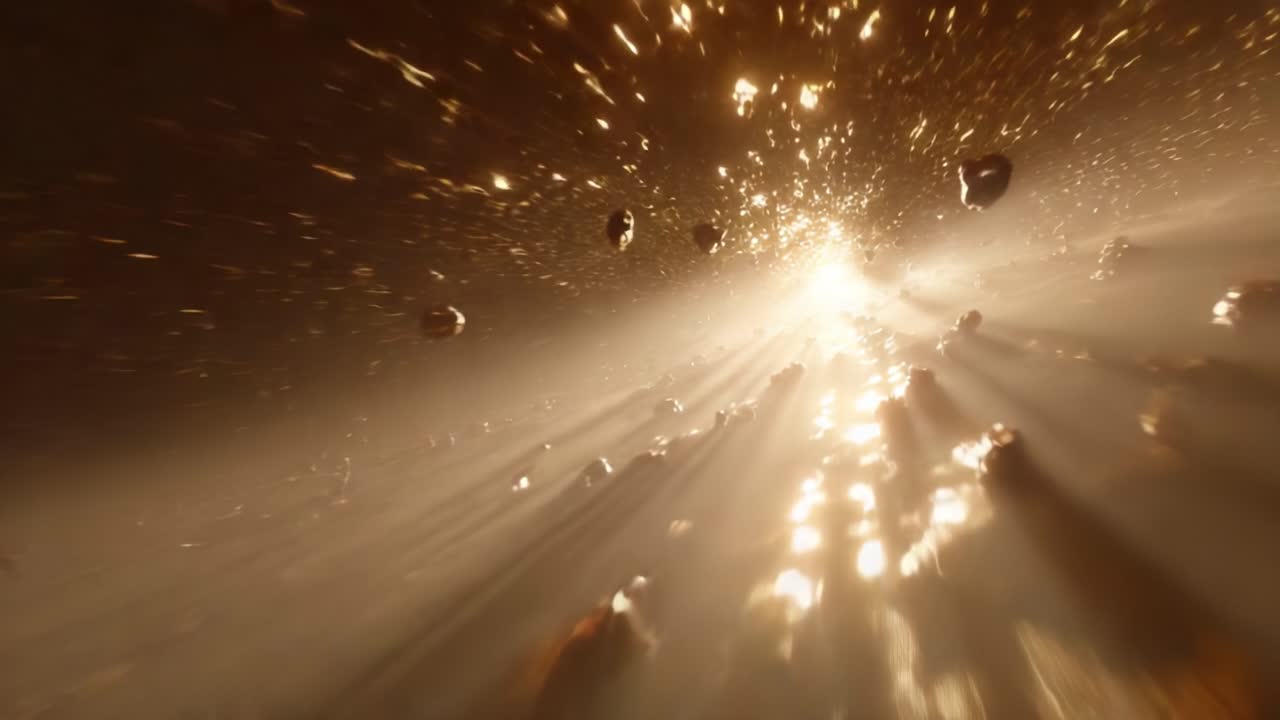 A Radiant Explosion of Cosmic Particles and Celestial Light in an Ethereal Space Environment Bathed in Golden Hues and Shimmering Dust Trails